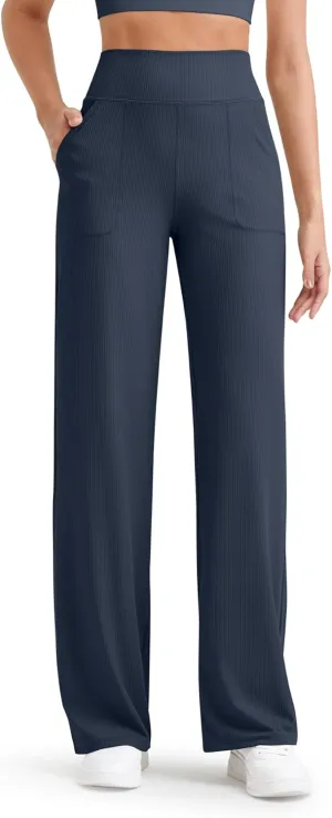G4Free Women Casual Ribbed Wide Leg Pants with Pockets Lightweight High Waist Yoga Pants Petite/Regular/Tall