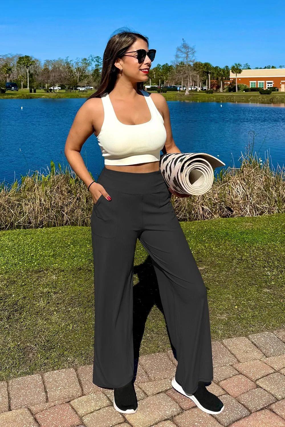 G4Free Women Casual Ribbed Wide Leg Pants with Pockets Lightweight High Waist Yoga Pants Petite/Regular/Tall