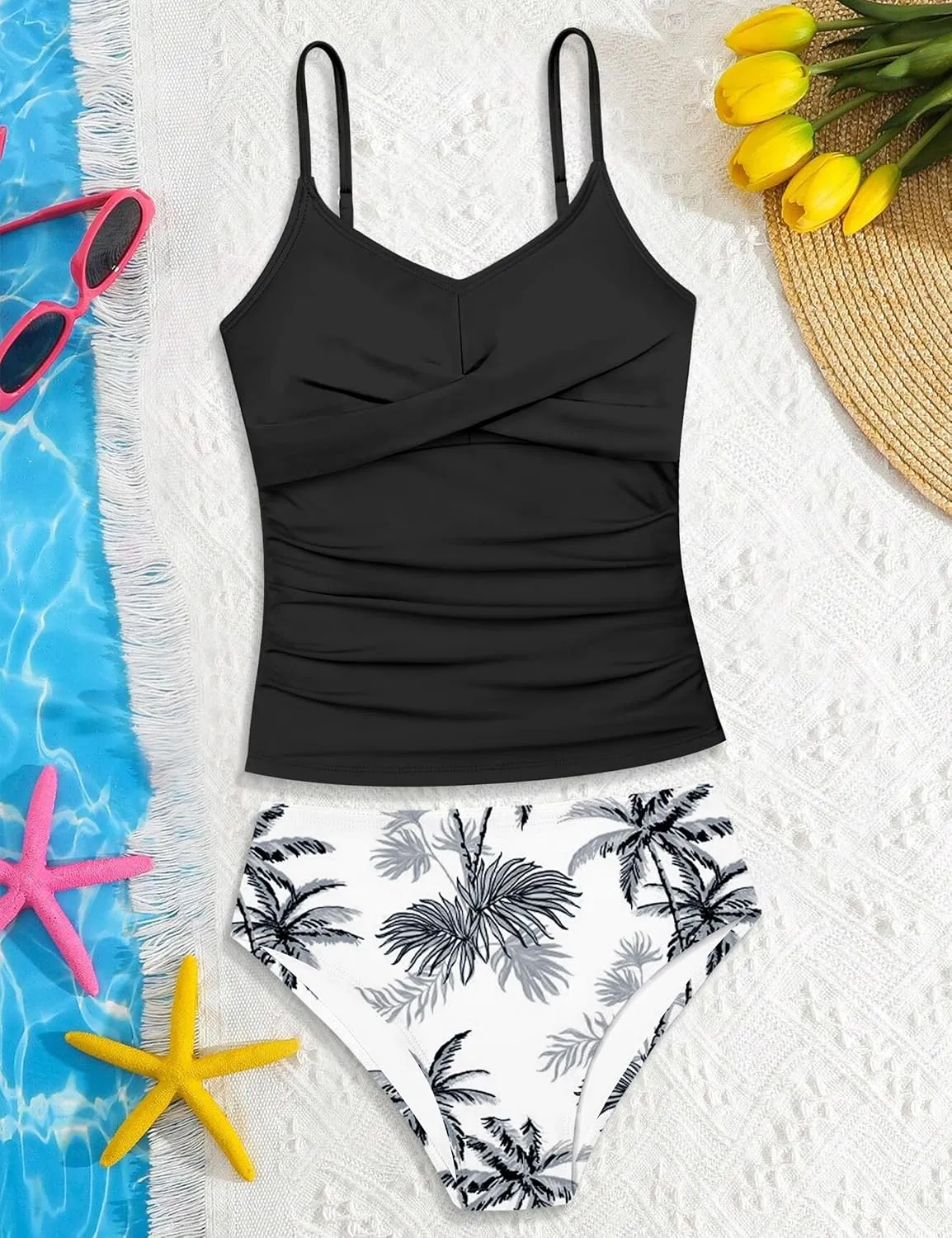 Girls Swimsuit 2 Piece Bathing Suit Criss Cross Ruched Girl Tankini Sets Printed Girls' Swimwear for 9-18 Years