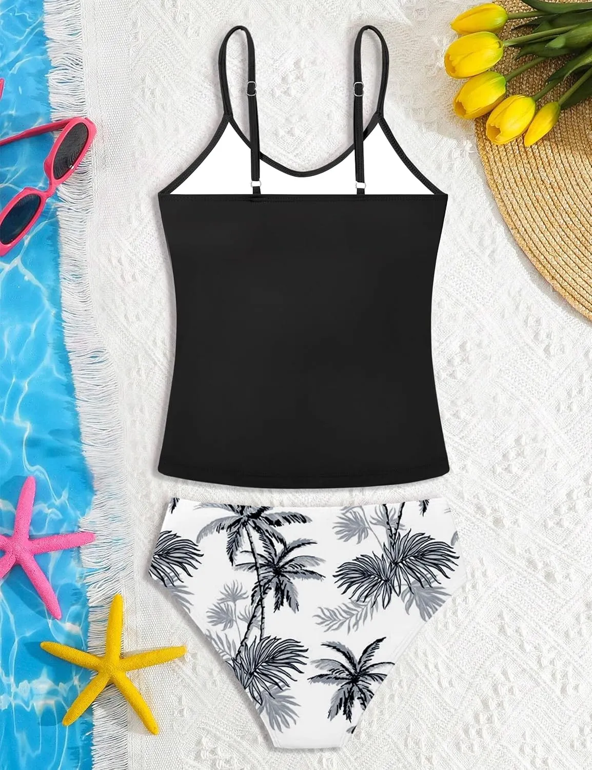 Girls Swimsuit 2 Piece Bathing Suit Criss Cross Ruched Girl Tankini Sets Printed Girls' Swimwear for 9-18 Years