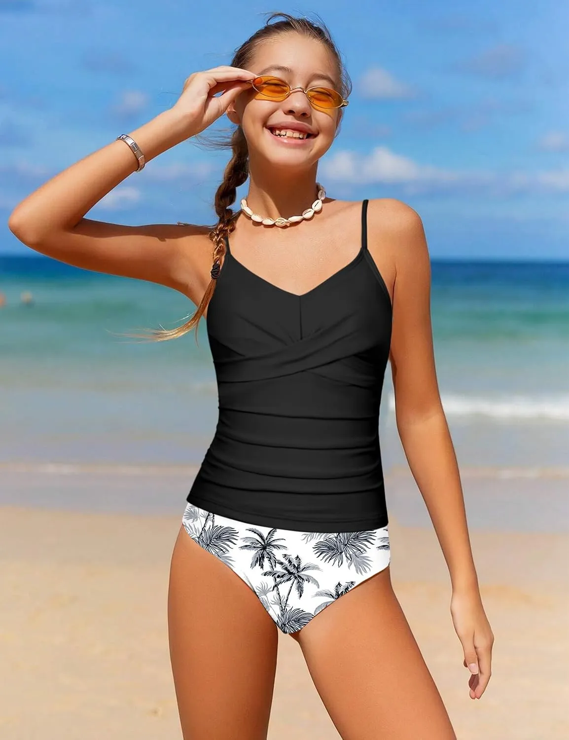 Girls Swimsuit 2 Piece Bathing Suit Criss Cross Ruched Girl Tankini Sets Printed Girls' Swimwear for 9-18 Years
