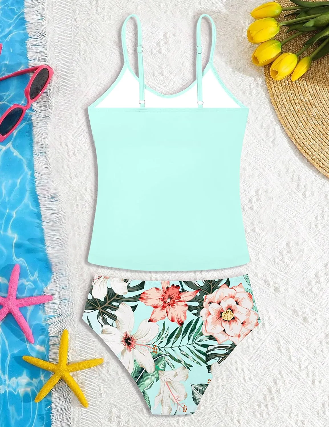 Girls Swimsuit 2 Piece Bathing Suit Criss Cross Ruched Girl Tankini Sets Printed Girls' Swimwear for 9-18 Years