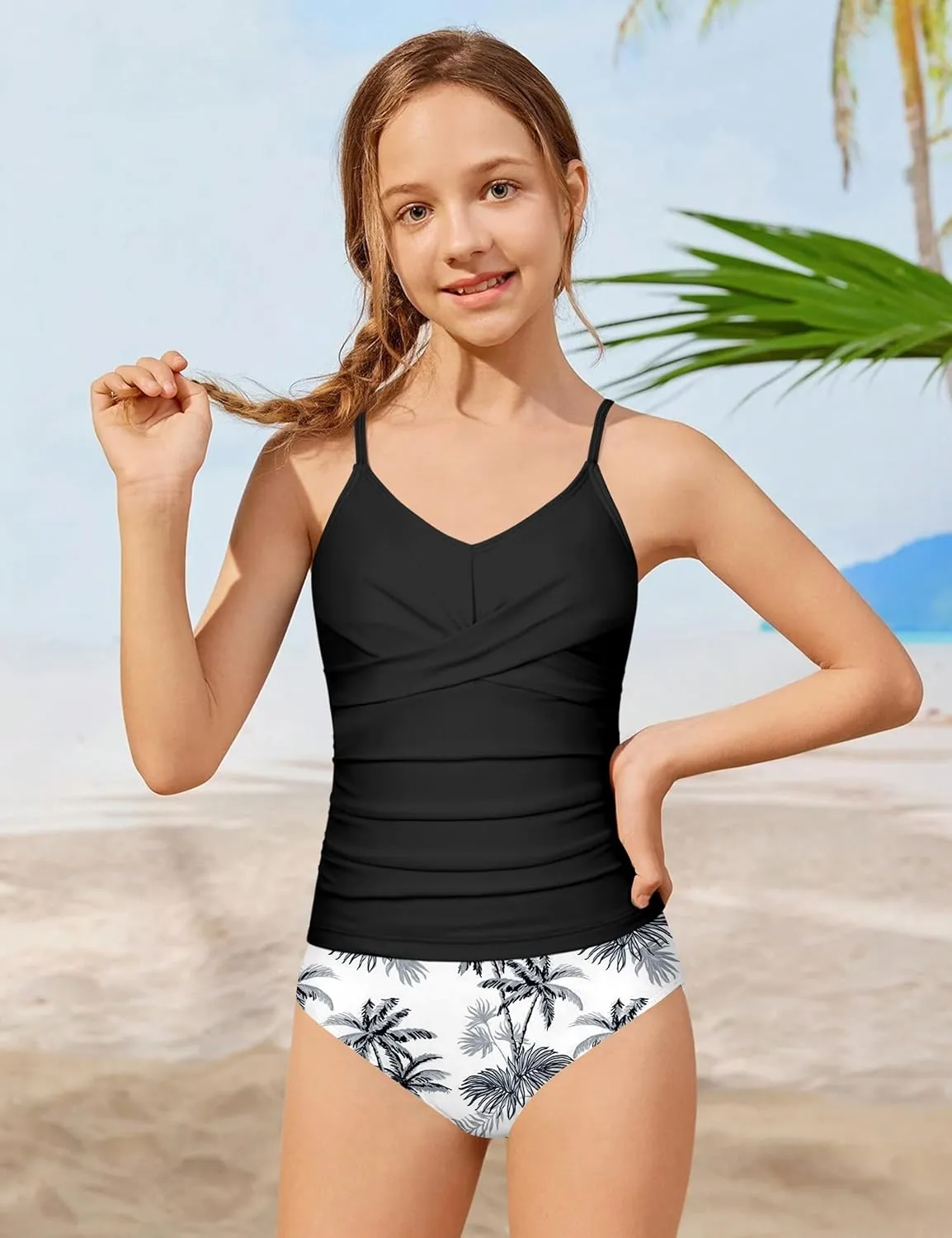 Girls Swimsuit 2 Piece Bathing Suit Criss Cross Ruched Girl Tankini Sets Printed Girls' Swimwear for 9-18 Years