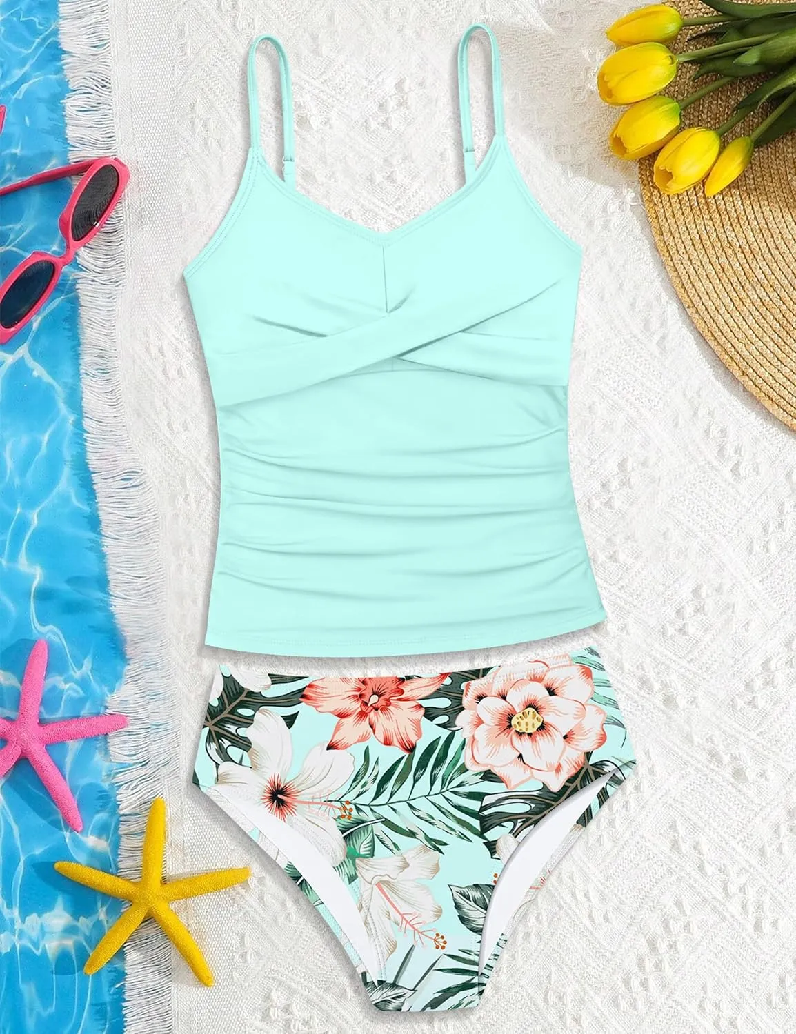 Girls Swimsuit 2 Piece Bathing Suit Criss Cross Ruched Girl Tankini Sets Printed Girls' Swimwear for 9-18 Years