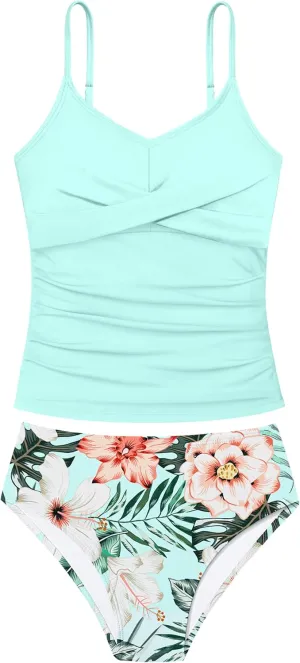 Girls Swimsuit 2 Piece Bathing Suit Criss Cross Ruched Girl Tankini Sets Printed Girls' Swimwear for 9-18 Years