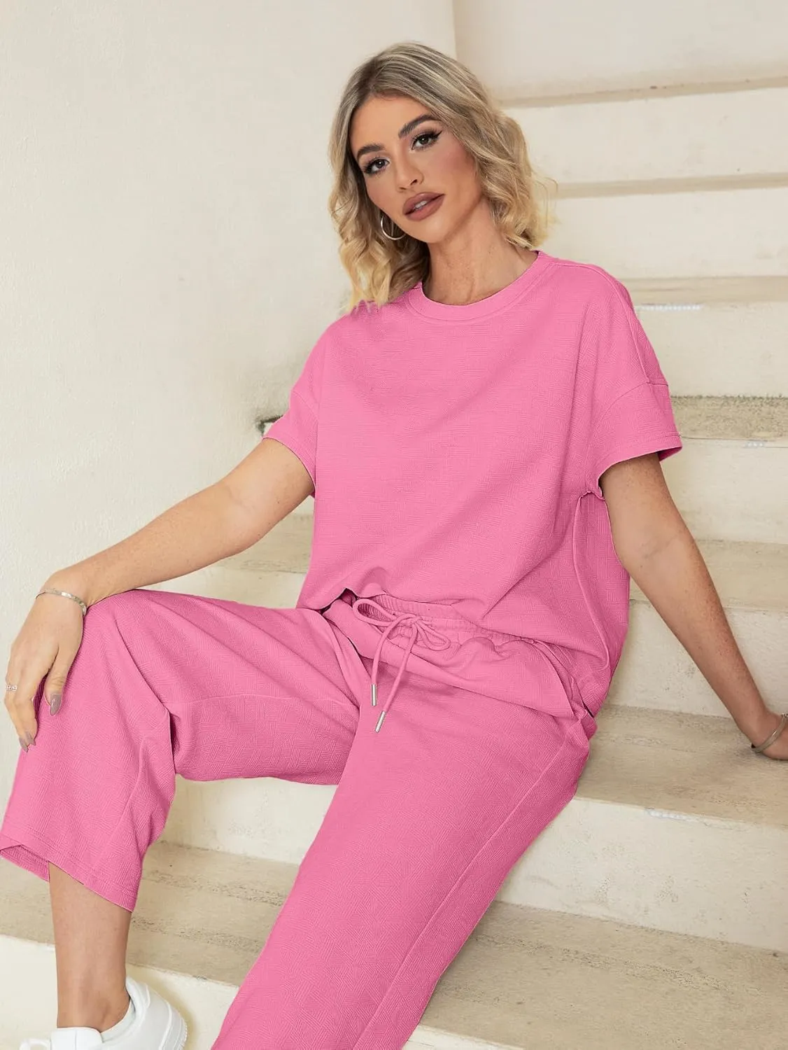 Glamaker Womens 2 Piece Outfits Lounge Sets Short Sleeve Loose Fit Top and Wide Leg Pants Set Sweatsuits Tracksuit