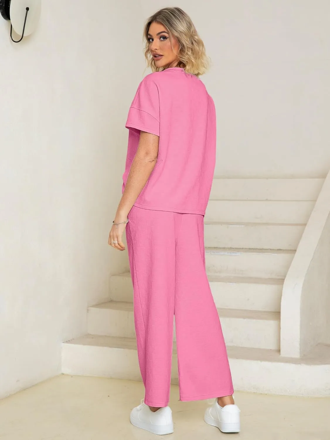 Glamaker Womens 2 Piece Outfits Lounge Sets Short Sleeve Loose Fit Top and Wide Leg Pants Set Sweatsuits Tracksuit