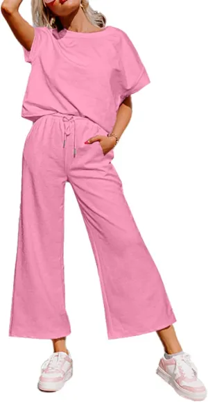 Glamaker Womens 2 Piece Outfits Lounge Sets Short Sleeve Loose Fit Top and Wide Leg Pants Set Sweatsuits Tracksuit