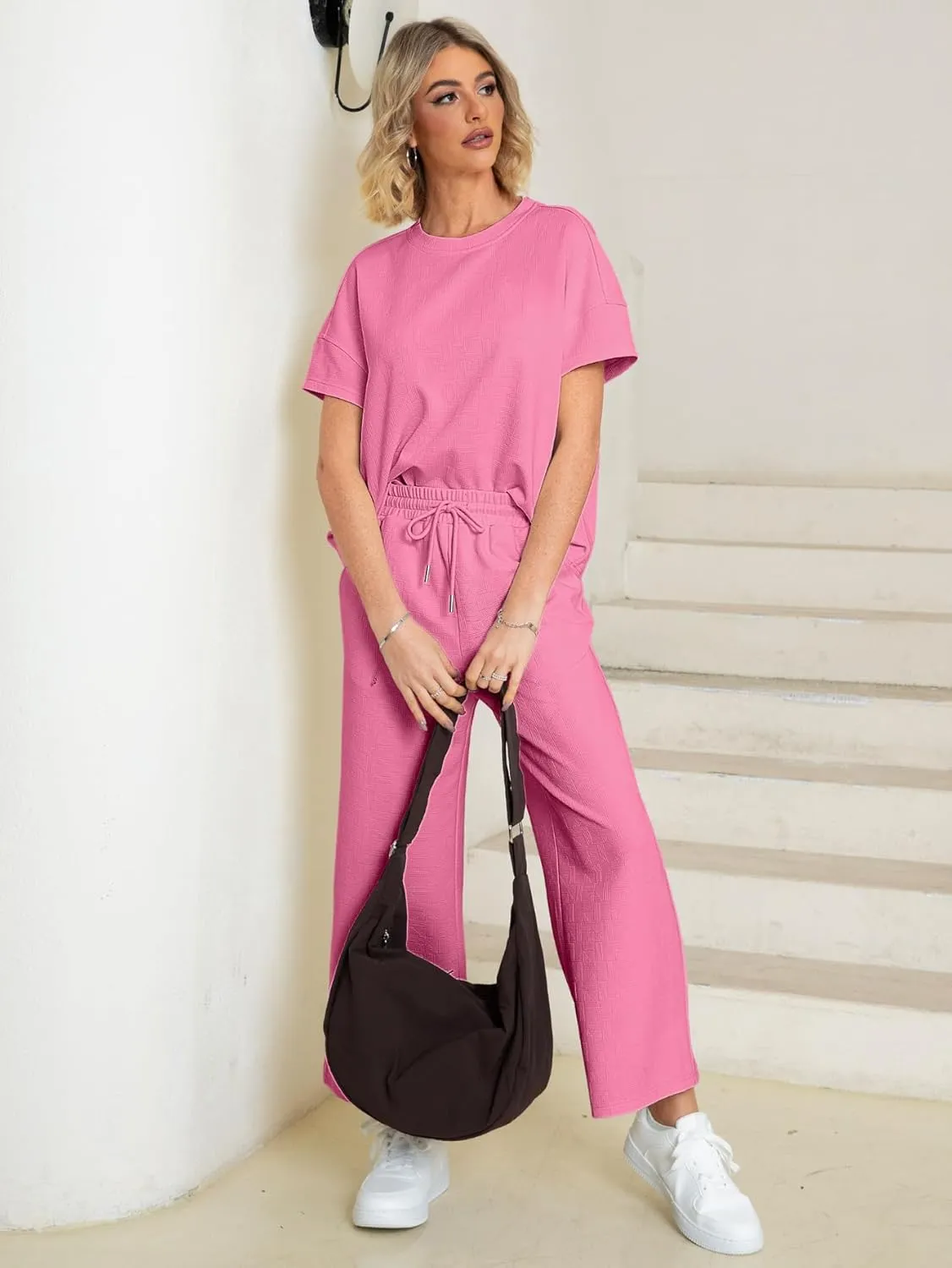 Glamaker Womens 2 Piece Outfits Lounge Sets Short Sleeve Loose Fit Top and Wide Leg Pants Set Sweatsuits Tracksuit