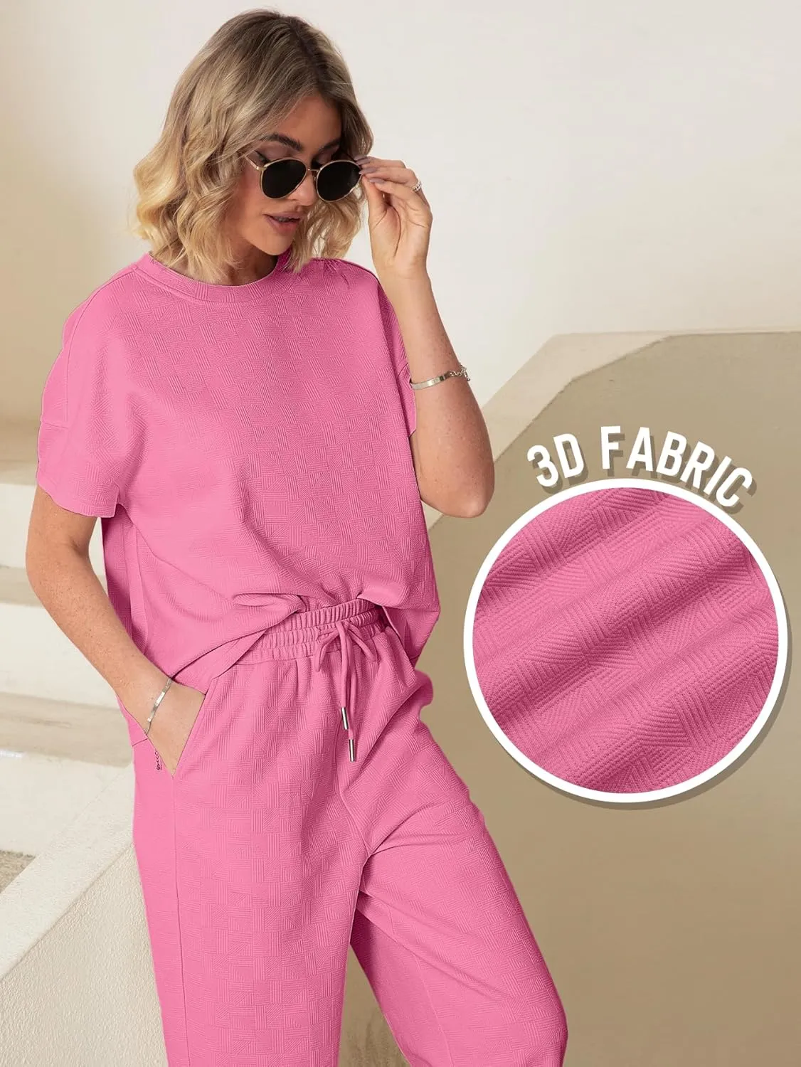 Glamaker Womens 2 Piece Outfits Lounge Sets Short Sleeve Loose Fit Top and Wide Leg Pants Set Sweatsuits Tracksuit
