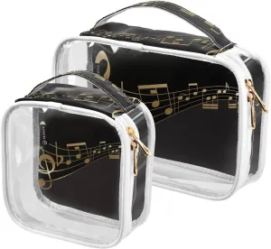 Golden-music-notes Print 2 Pack Clear Toiletry Bag Women Men, Portable Waterproof Clear Pouch, Cosmetic Bag with Double Zippers Large Opening Traveling with Handle for Bathroom Traveling Vacation Orga