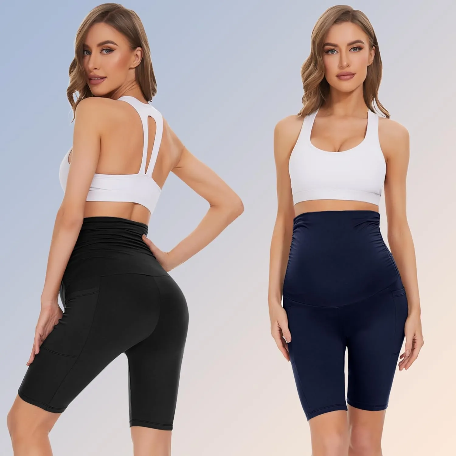 Happy.angel 2 Pack Maternity Shorts Over Belly, Black High Waisted 8" Pregnancy Workout Biker with Pockets