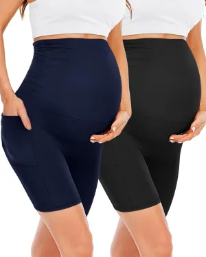 Happy.angel 2 Pack Maternity Shorts Over Belly, Black High Waisted 8" Pregnancy Workout Biker with Pockets
