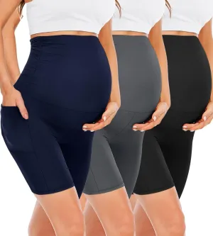 Happy.angel 2 Pack Maternity Shorts Over Belly, Black High Waisted 8" Pregnancy Workout Biker with Pockets