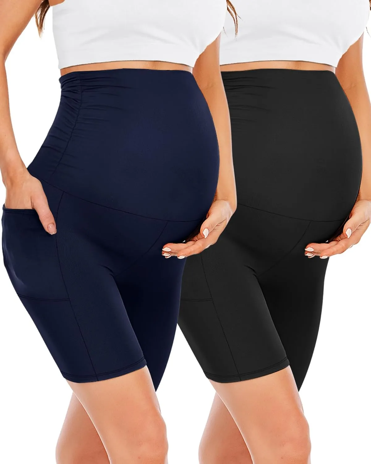 Happy.angel 2 Pack Maternity Shorts Over Belly, Black High Waisted 8" Pregnancy Workout Biker with Pockets
