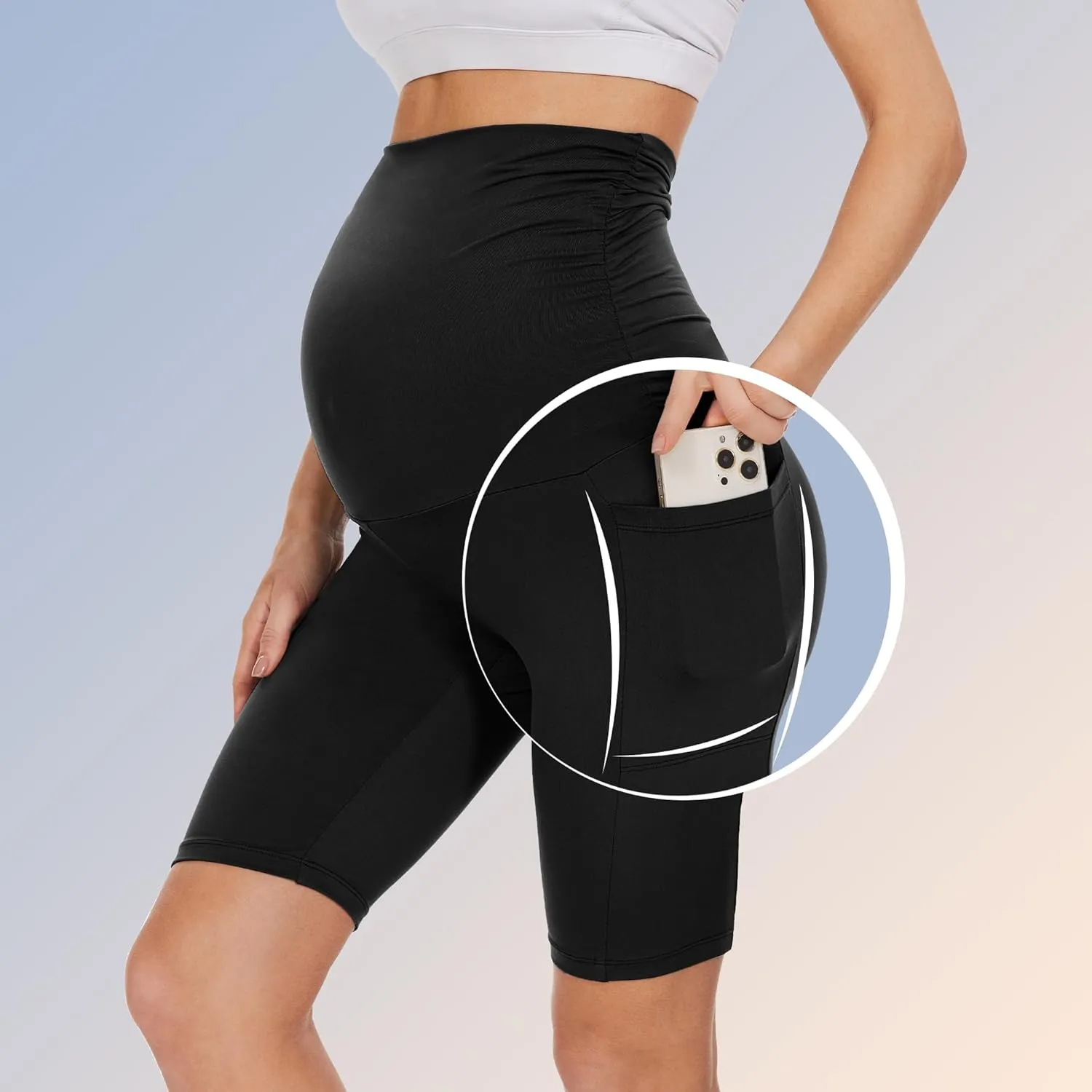 Happy.angel 2 Pack Maternity Shorts Over Belly, Black High Waisted 8" Pregnancy Workout Biker with Pockets