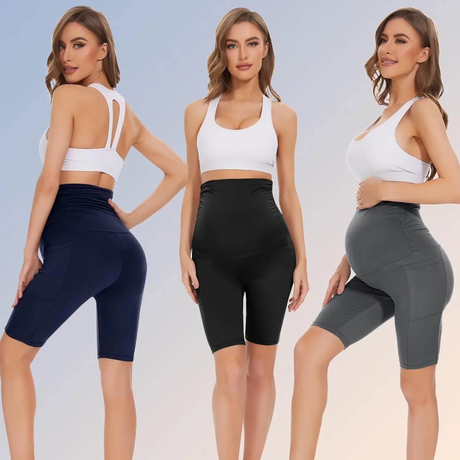 Happy.angel 2 Pack Maternity Shorts Over Belly, Black High Waisted 8" Pregnancy Workout Biker with Pockets