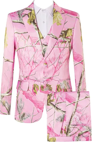 HBDesign Men's Pink Camouflage Suit Twig and Leaf Pattern 2 Button 3 Piece Camo Mens Suit