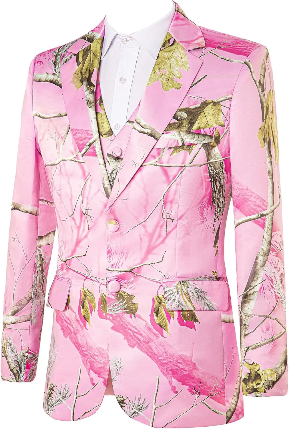HBDesign Men's Pink Camouflage Suit Twig and Leaf Pattern 2 Button 3 Piece Camo Mens Suit
