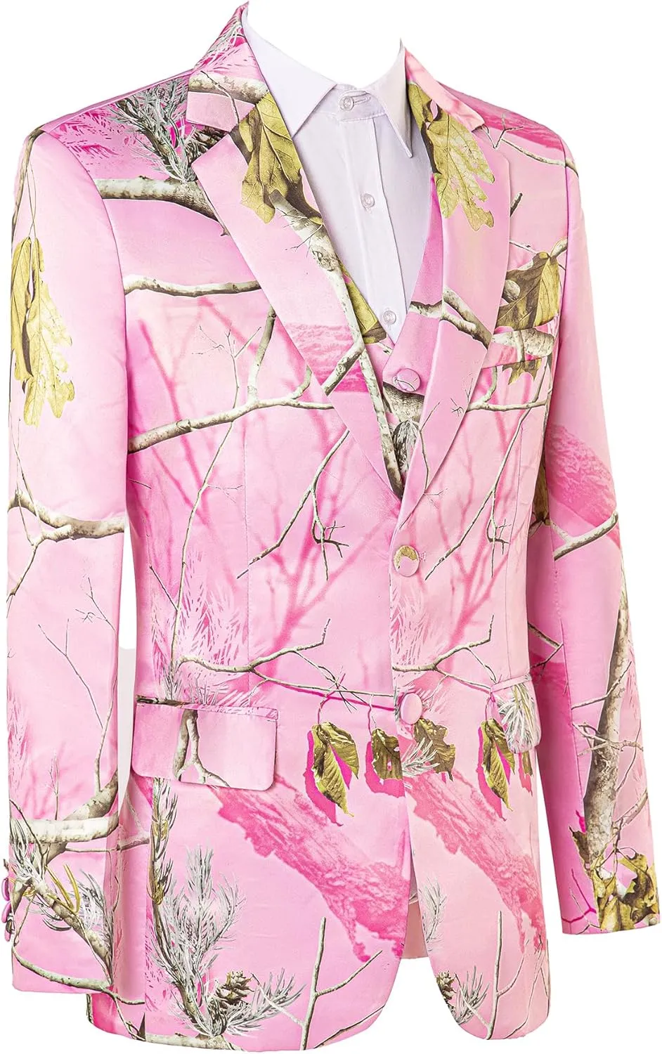 HBDesign Men's Pink Camouflage Suit Twig and Leaf Pattern 2 Button 3 Piece Camo Mens Suit