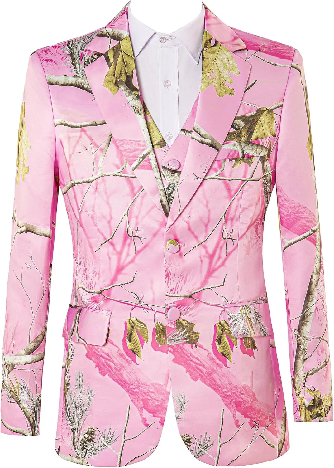 HBDesign Men's Pink Camouflage Suit Twig and Leaf Pattern 2 Button 3 Piece Camo Mens Suit