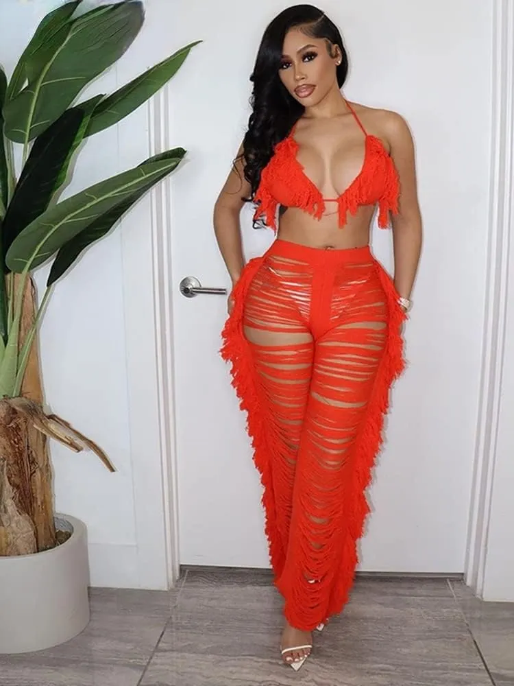 heyheyshine Women Tassels Hollow Out 2 Piece Outfits Bikini Cover Up Sleeveless Off Shoulder Crop Top and Split Set