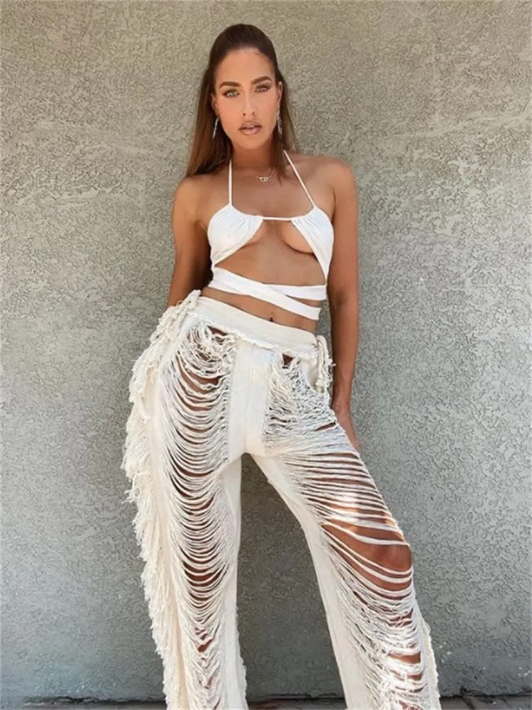 heyheyshine Women Tassels Hollow Out 2 Piece Outfits Bikini Cover Up Sleeveless Off Shoulder Crop Top and Split Set