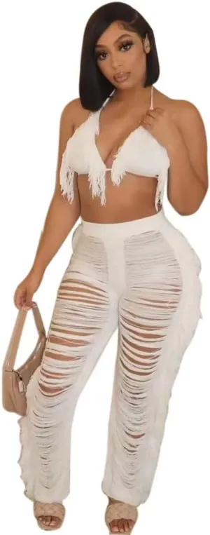 heyheyshine Women Tassels Hollow Out 2 Piece Outfits Bikini Cover Up Sleeveless Off Shoulder Crop Top and Split Set