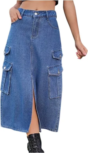 HGps8w Womens Summer Split Front Cargo Skirt Casual High Waisted A-Line Midi Long Denim Skirts