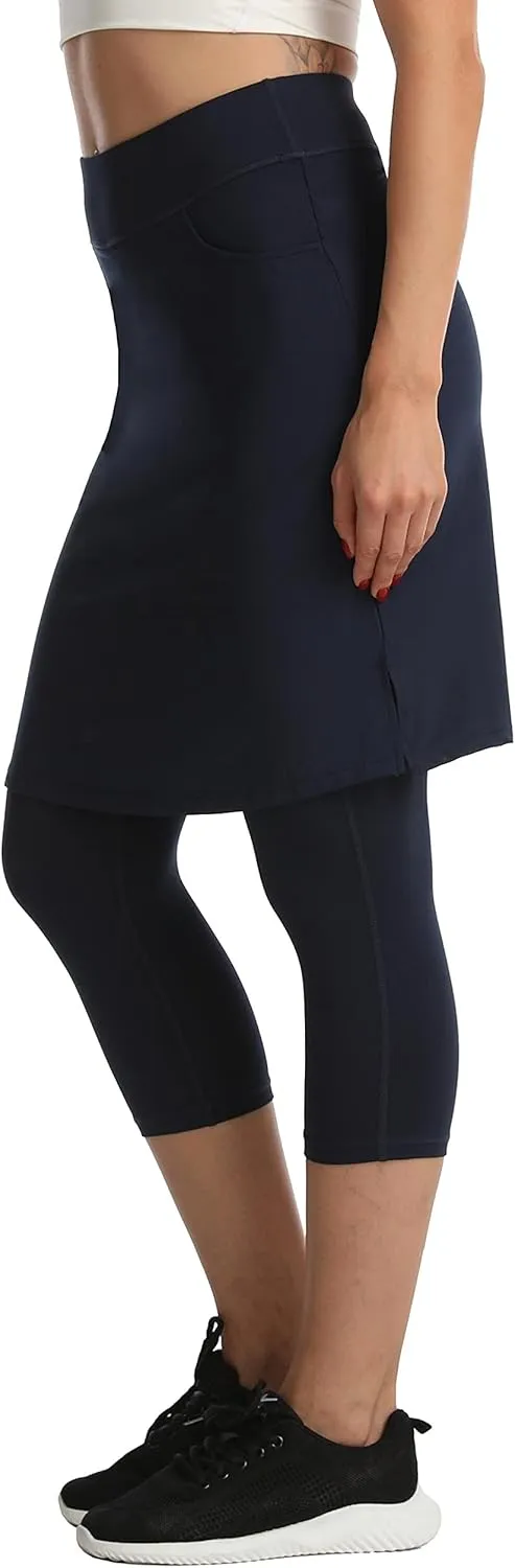 HOKOYI Modest Skirt with Leggings Attached for Women Workout Knee Length Swim Capri Pants with 2 Pockets