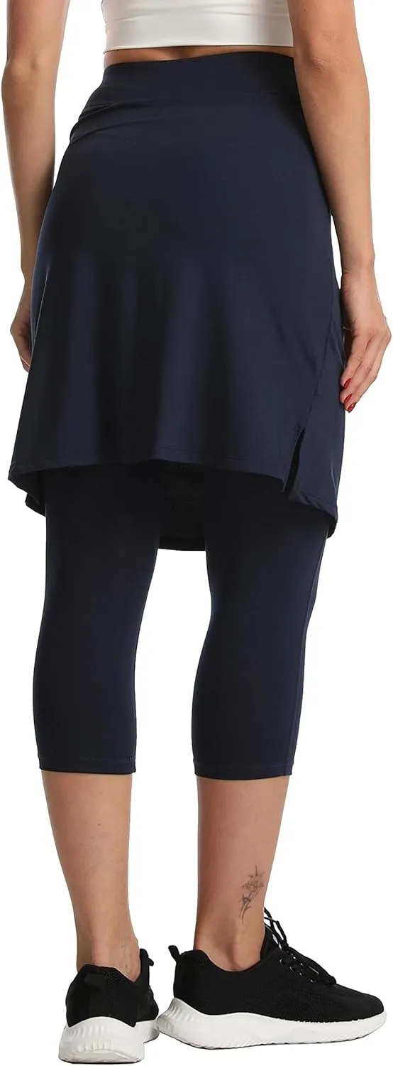 HOKOYI Modest Skirt with Leggings Attached for Women Workout Knee Length Swim Capri Pants with 2 Pockets