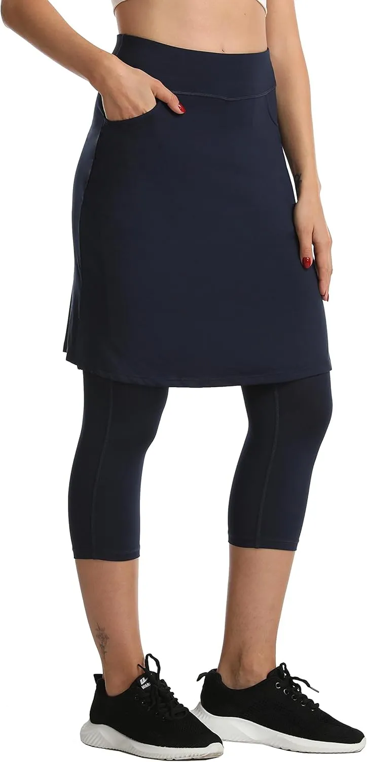 HOKOYI Modest Skirt with Leggings Attached for Women Workout Knee Length Swim Capri Pants with 2 Pockets