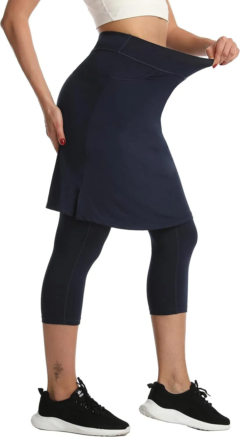 HOKOYI Modest Skirt with Leggings Attached for Women Workout Knee Length Swim Capri Pants with 2 Pockets