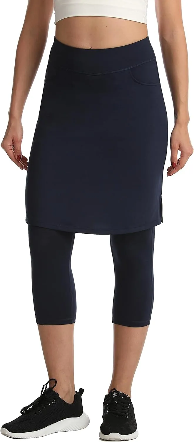 HOKOYI Modest Skirt with Leggings Attached for Women Workout Knee Length Swim Capri Pants with 2 Pockets