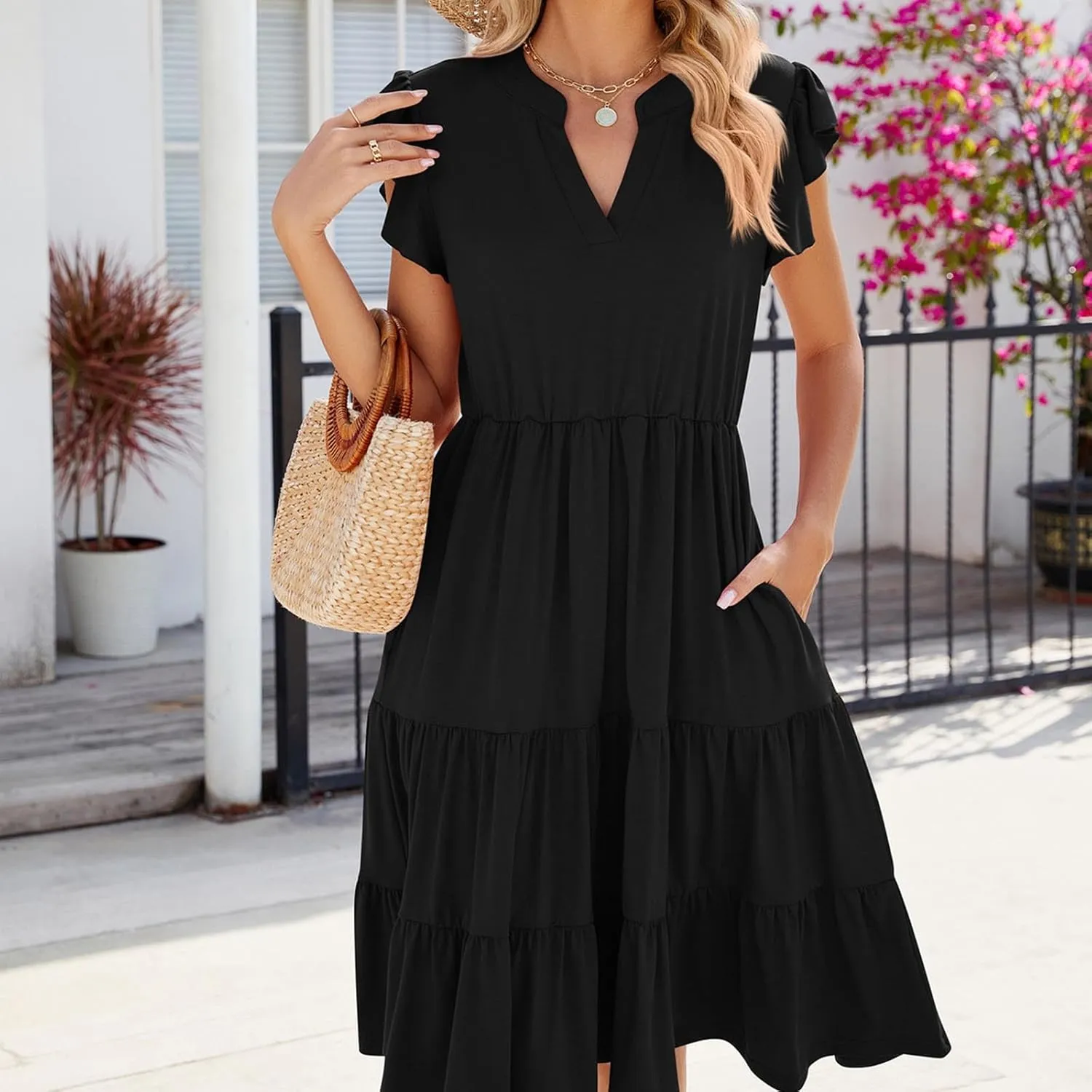 Holiday Ruffles Sleeve Boho Dress for Women Babydoll Collared V Neck Loose Swing Casual Short Tiered Mini Beach Dress