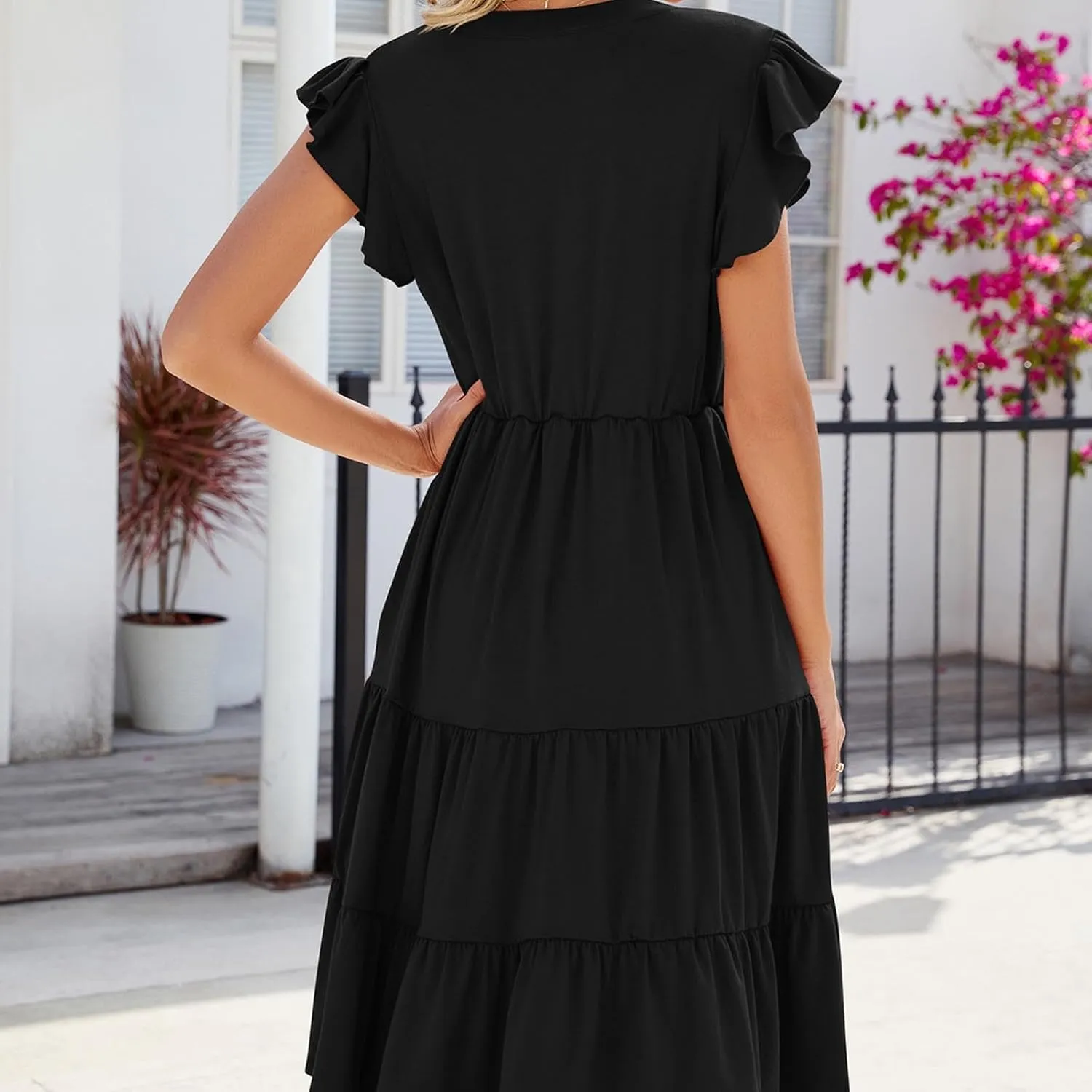 Holiday Ruffles Sleeve Boho Dress for Women Babydoll Collared V Neck Loose Swing Casual Short Tiered Mini Beach Dress