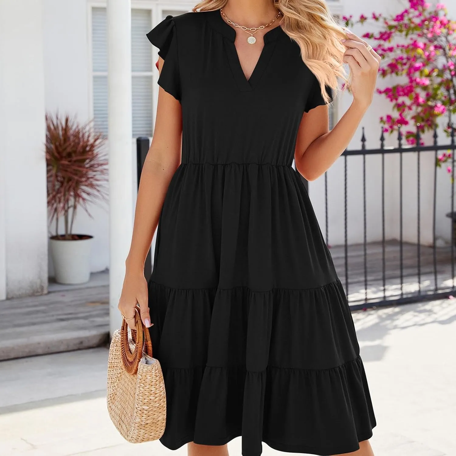 Holiday Ruffles Sleeve Boho Dress for Women Babydoll Collared V Neck Loose Swing Casual Short Tiered Mini Beach Dress