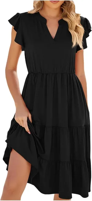 Holiday Ruffles Sleeve Boho Dress for Women Babydoll Collared V Neck Loose Swing Casual Short Tiered Mini Beach Dress
