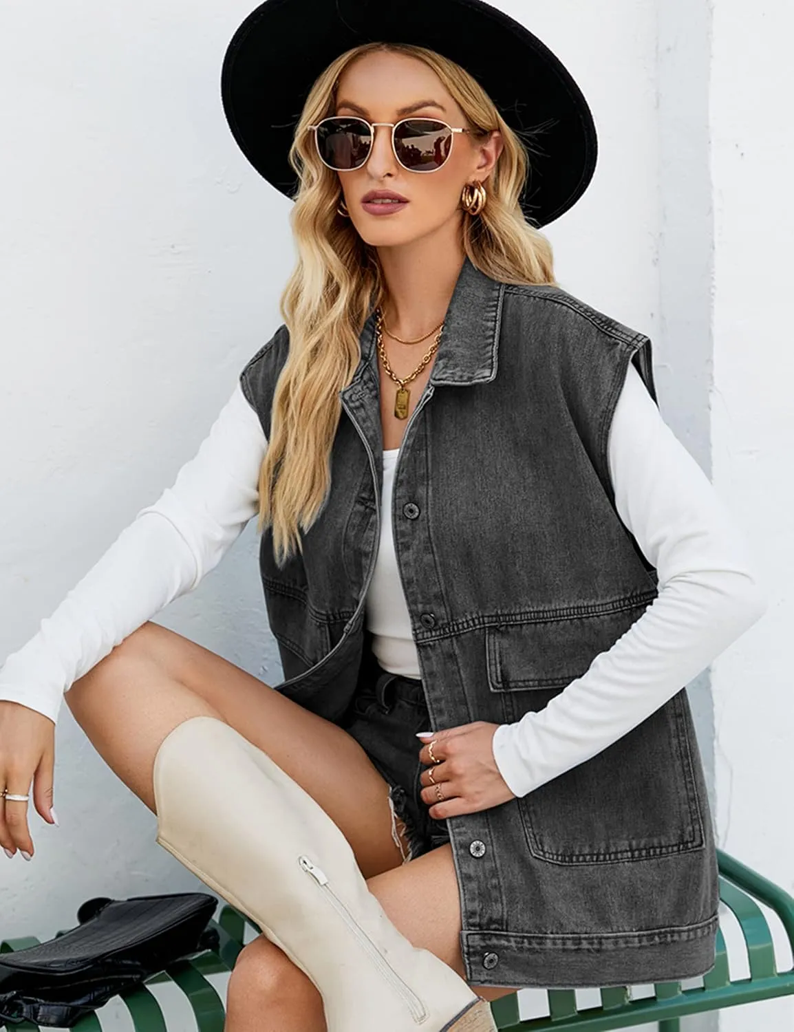Huaqiao Womens Denim Vest Mid long Jacket Jean Sleeveless Vest with Pockets