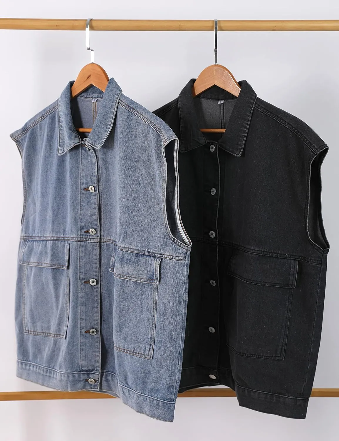 Huaqiao Womens Denim Vest Mid long Jacket Jean Sleeveless Vest with Pockets
