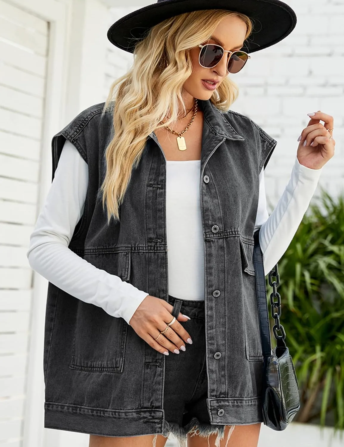 Huaqiao Womens Denim Vest Mid long Jacket Jean Sleeveless Vest with Pockets