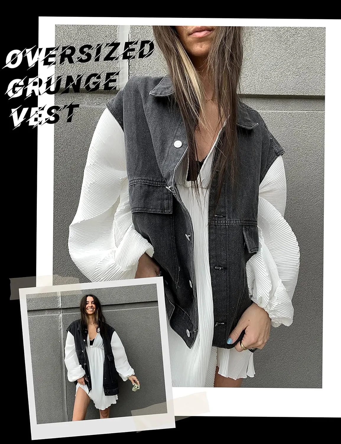 Huaqiao Womens Denim Vest Mid long Jacket Jean Sleeveless Vest with Pockets