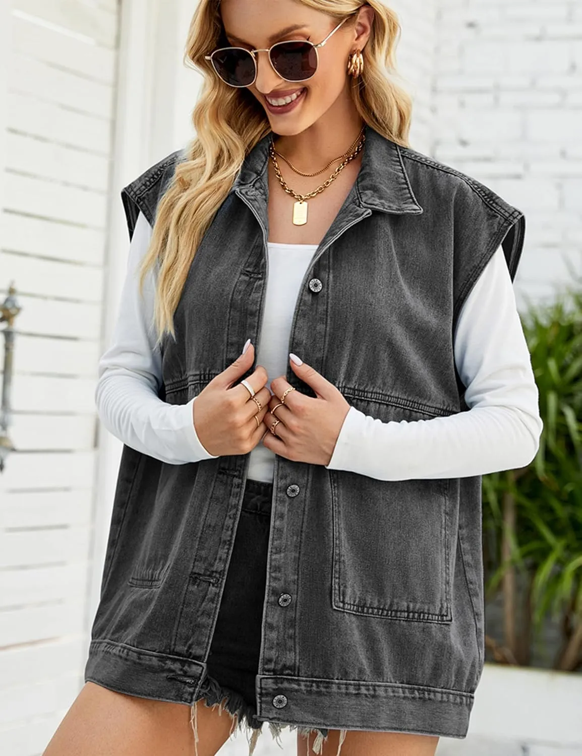 Huaqiao Womens Denim Vest Mid long Jacket Jean Sleeveless Vest with Pockets