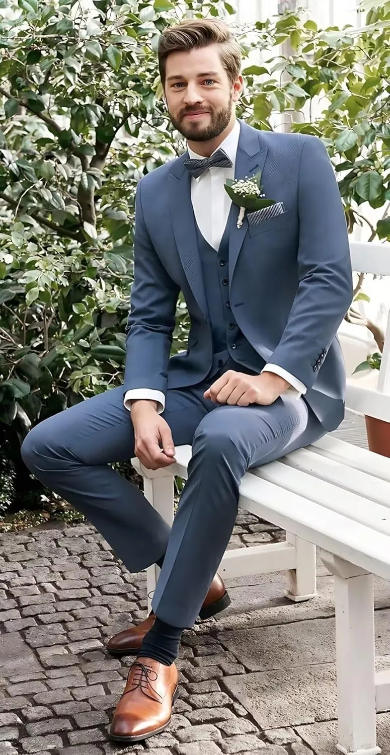 HUUTOE Mens 3 Piece Suits Slim Fit Peak Lapel One Button Blazer Wedding Business Prom Suit Jacket Vest and Pants Tuxedo Set