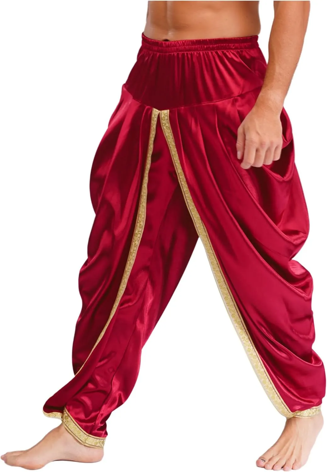 iiniim Mens Solid Color Elastic Waist Dhoti Pants Palazzo Trousers Loose Fit Belly Dance Harem Pants
