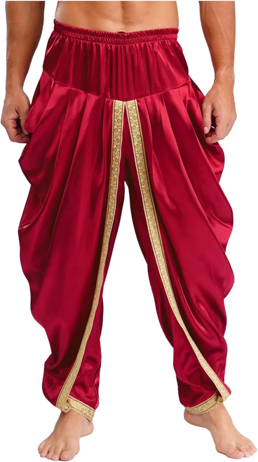 iiniim Mens Solid Color Elastic Waist Dhoti Pants Palazzo Trousers Loose Fit Belly Dance Harem Pants