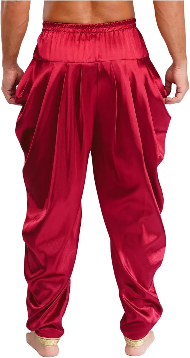 iiniim Mens Solid Color Elastic Waist Dhoti Pants Palazzo Trousers Loose Fit Belly Dance Harem Pants