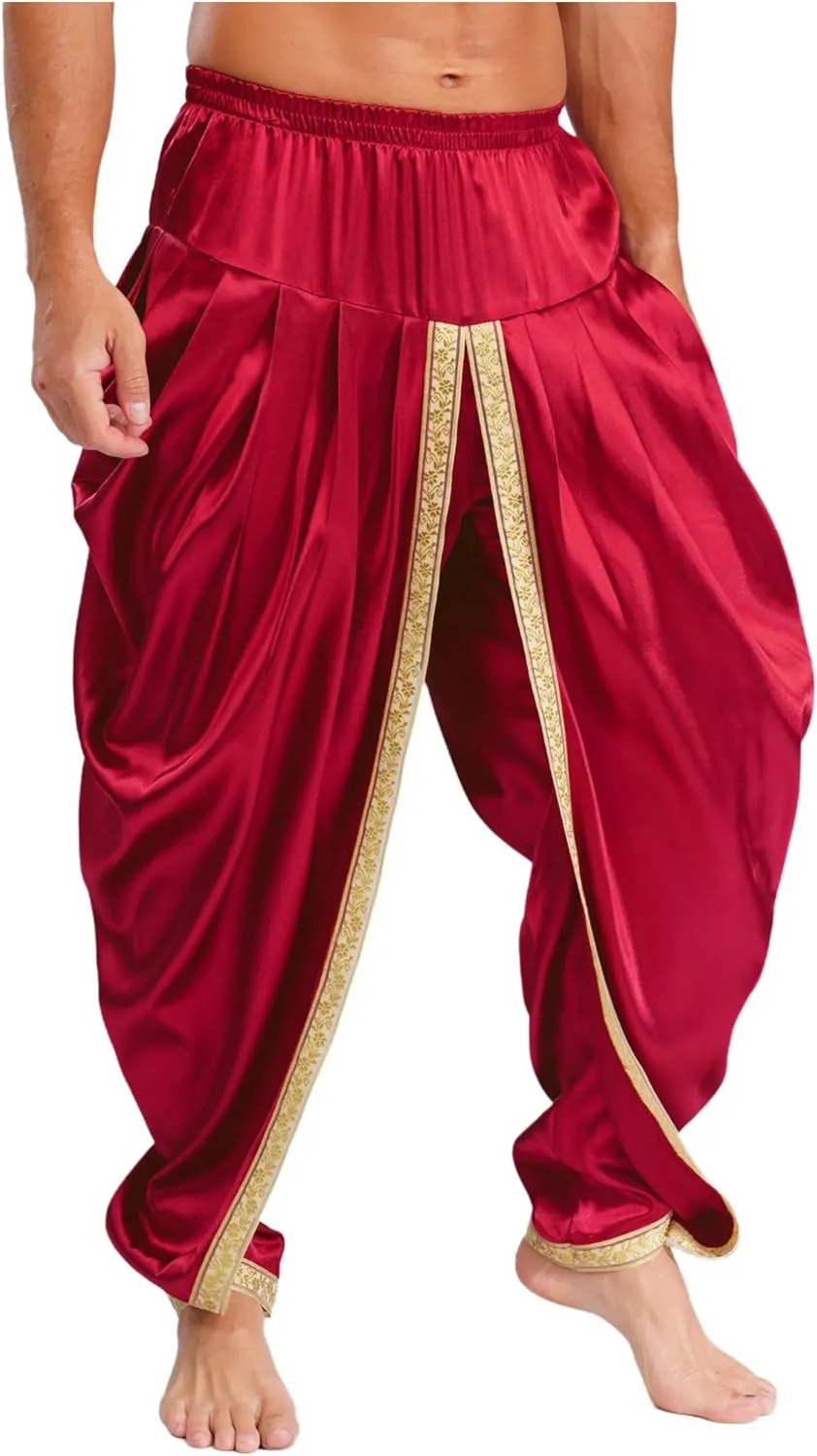 iiniim Mens Solid Color Elastic Waist Dhoti Pants Palazzo Trousers Loose Fit Belly Dance Harem Pants