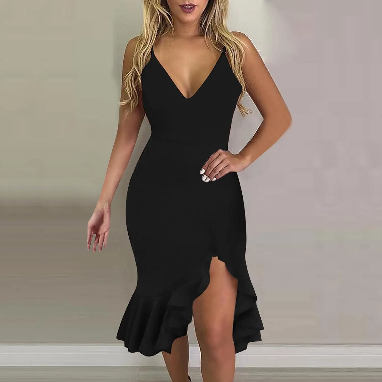 iQKA Women Sexy Cocktail Dress Ruffle Hem Sling Dresses Floral Print V Neck Sleeveless Pencil Dress Vestidos