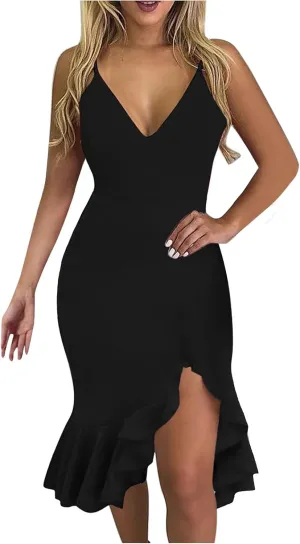 iQKA Women Sexy Cocktail Dress Ruffle Hem Sling Dresses Floral Print V Neck Sleeveless Pencil Dress Vestidos